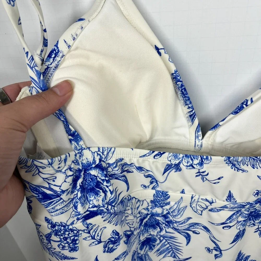 Kona Sol White with Blue Floral Toile Pattern Adjustable One Piece Swimsuit Sz L - Picture 7 of 9